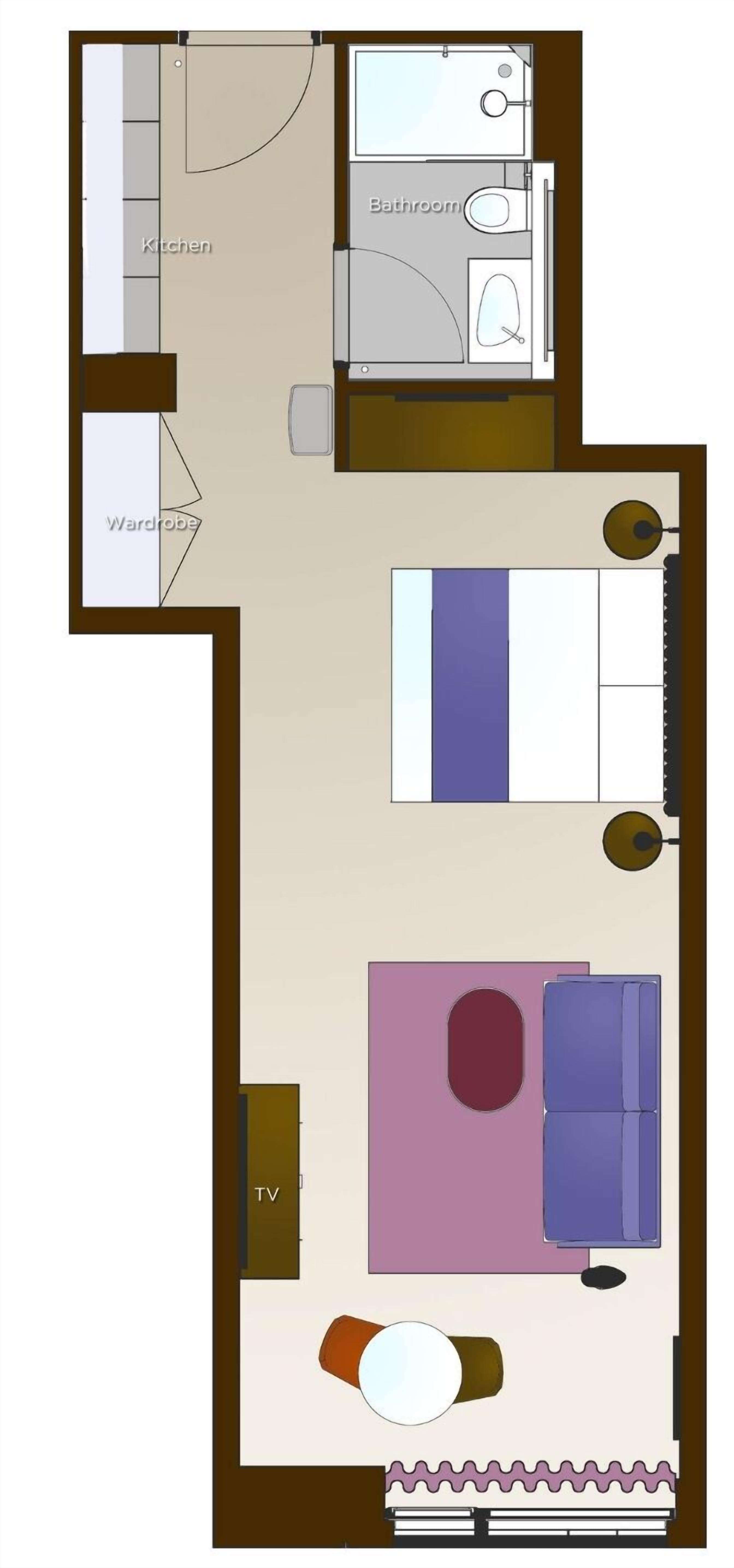 A hotel room layout with a bed, TV, wardrobe, and bathroom.