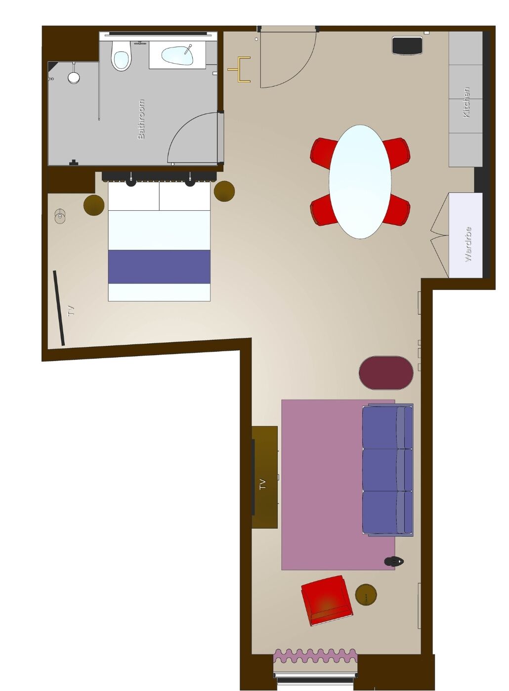 A floor plan of a hotel room with a bathroom, kitchenette, TV, and a seating area with a sofa and a table.