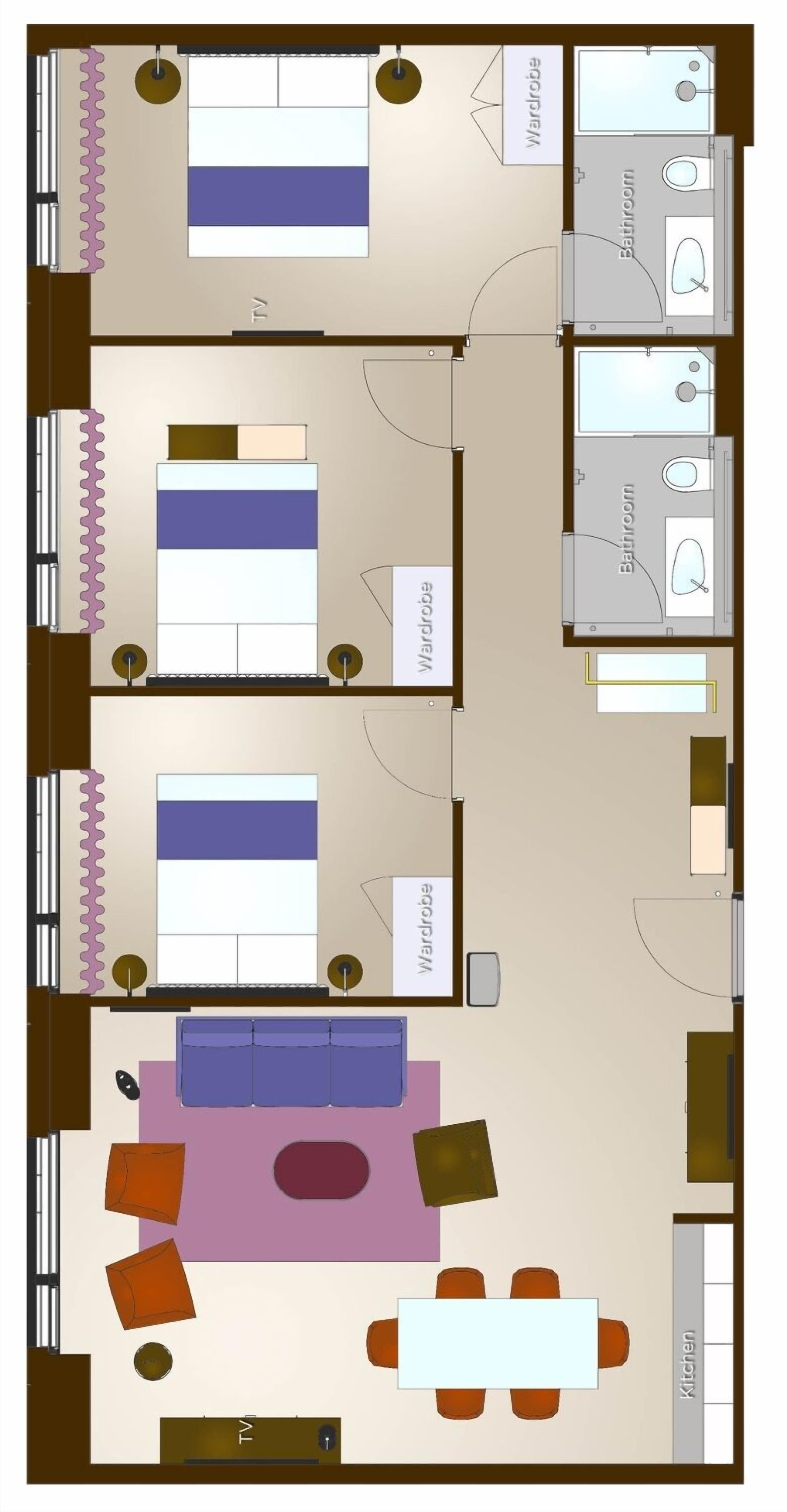 A hotel layout with two bedrooms, two bathrooms, a kitchen, and a living area with a sofa and chairs.