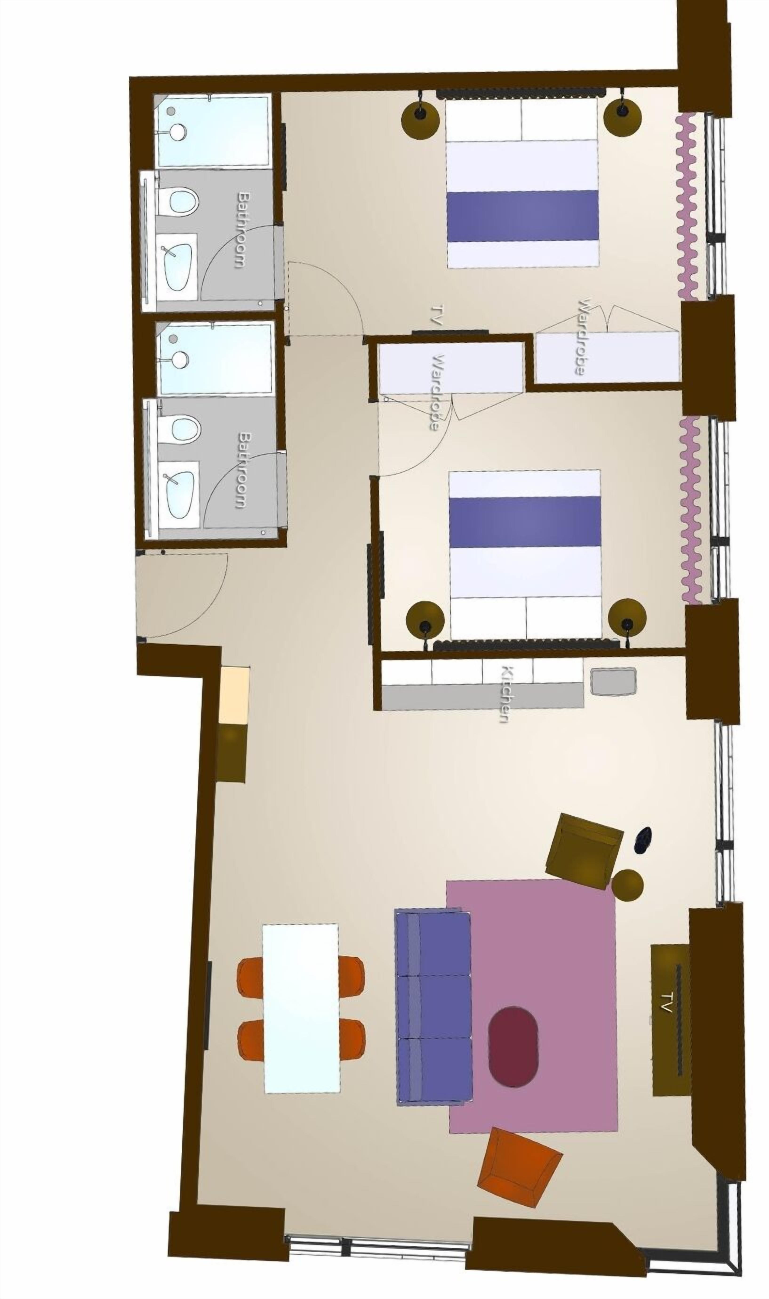 Plano de un cuarto de hotel que incluye televisión, armario, baño y una pequeña cocina.