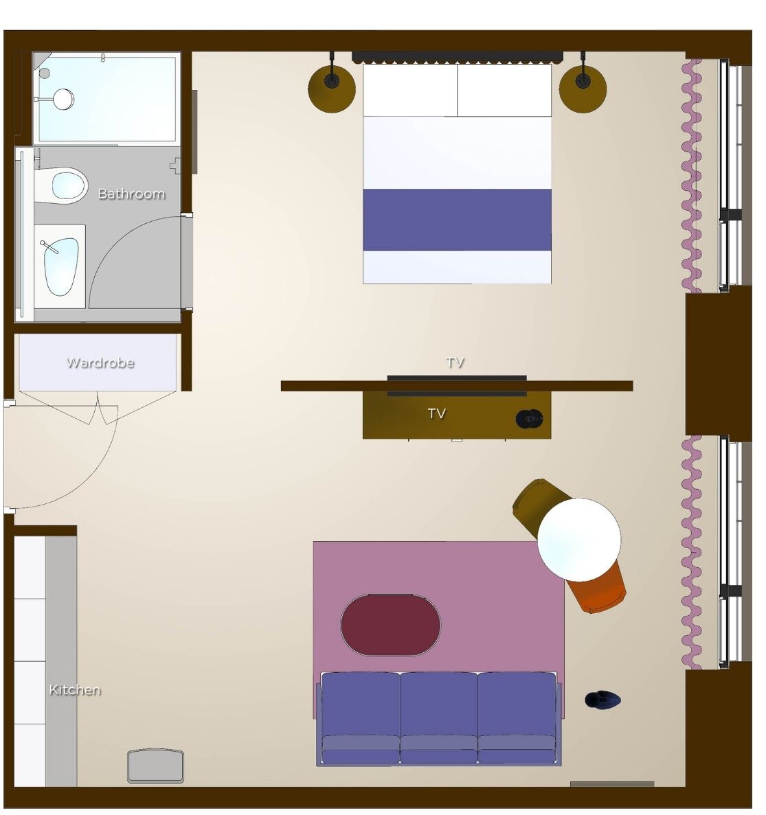 A bedroom with a TV, a wardrobe, and a bathroom.