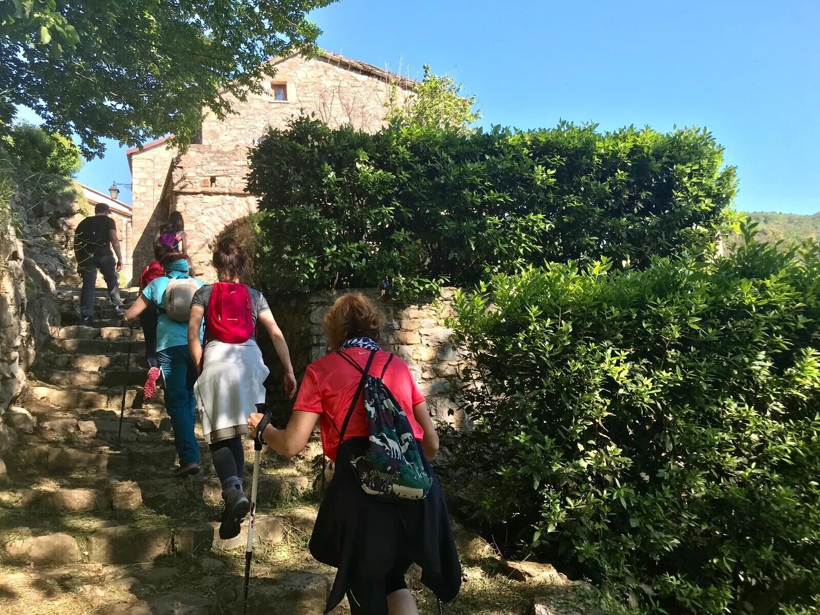 Un grupo de excursionistas asciende por escalones de piedra hacia un edificio de techo inclinado, rodeado de vegetación.