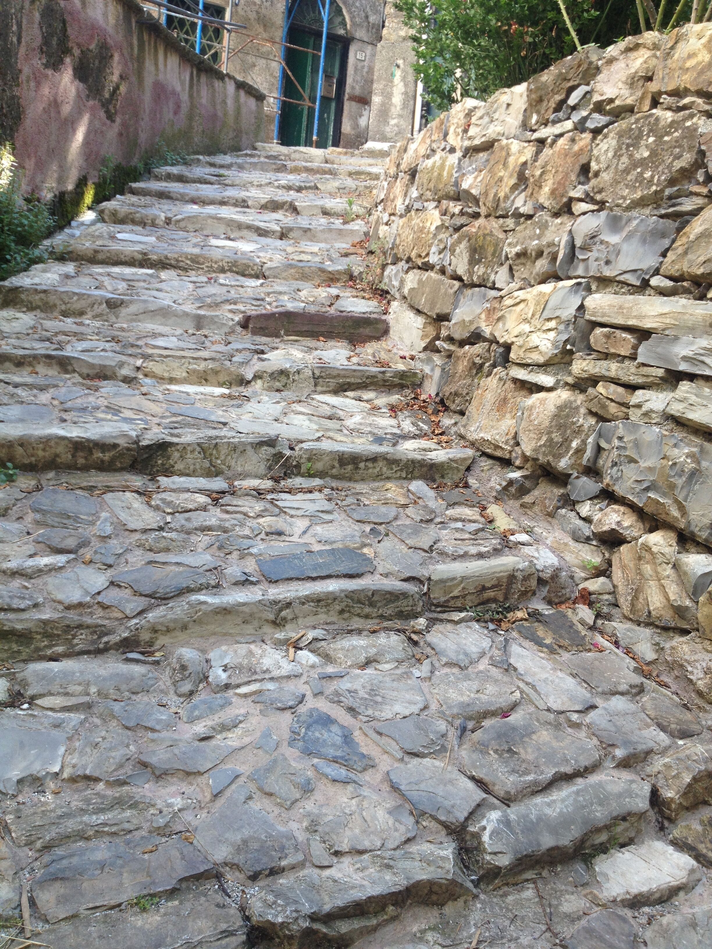 Uma escadaria de pedra que leva a um edifício com uma porta verde.