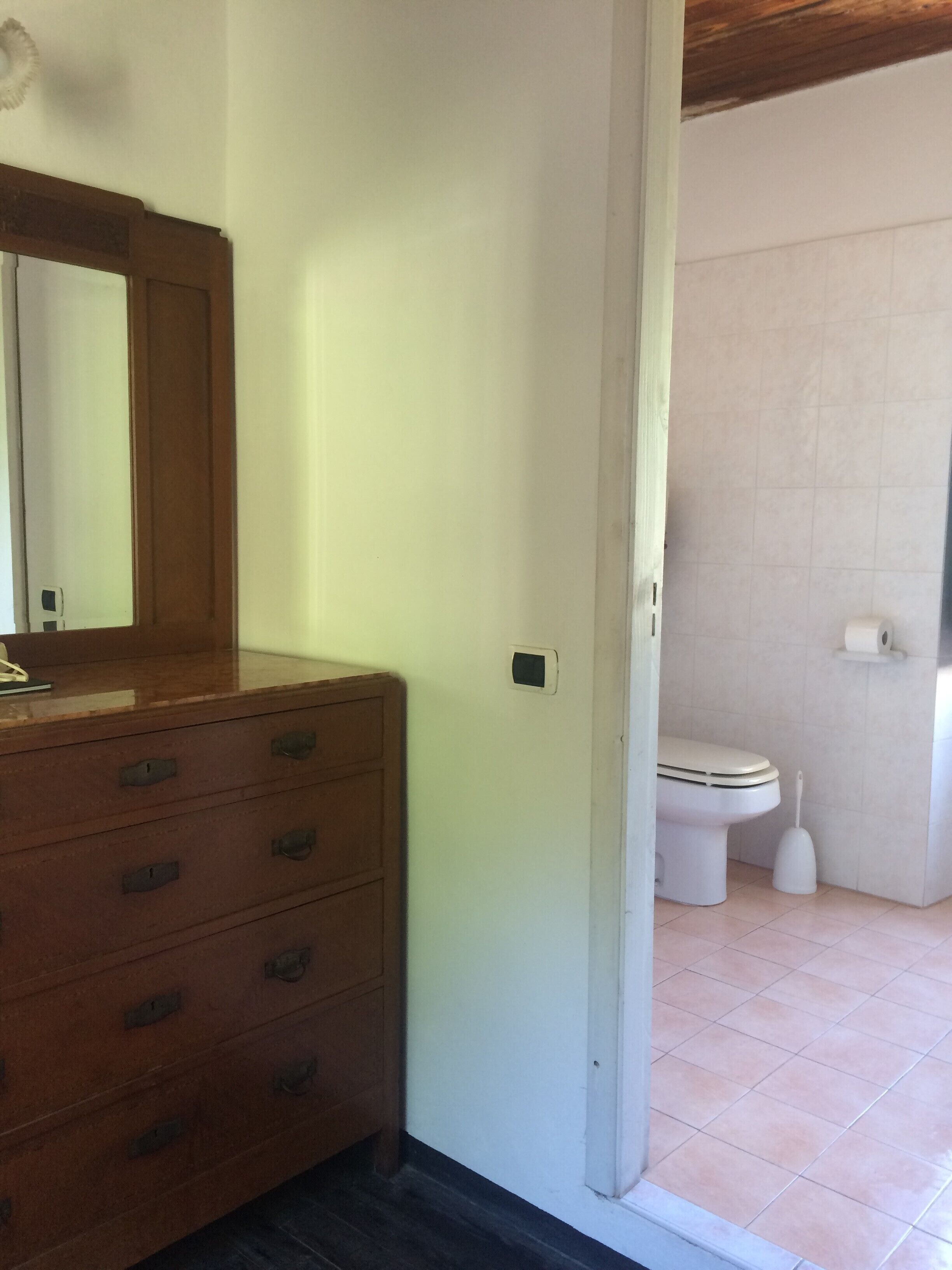 A bathroom with a toilet, a sink, and a mirror.