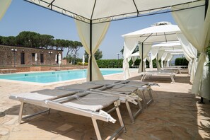 Seasonal outdoor pool, open 9:00 AM to 7:00 PM, pool umbrellas