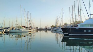 Un port de plaisance où sont amarrés de nombreux voiliers, sur des eaux calmes.