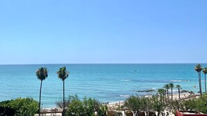 Ein Strand mit klarem, blauem Wasser, Palmen und einer felsigen Küstenlinie.