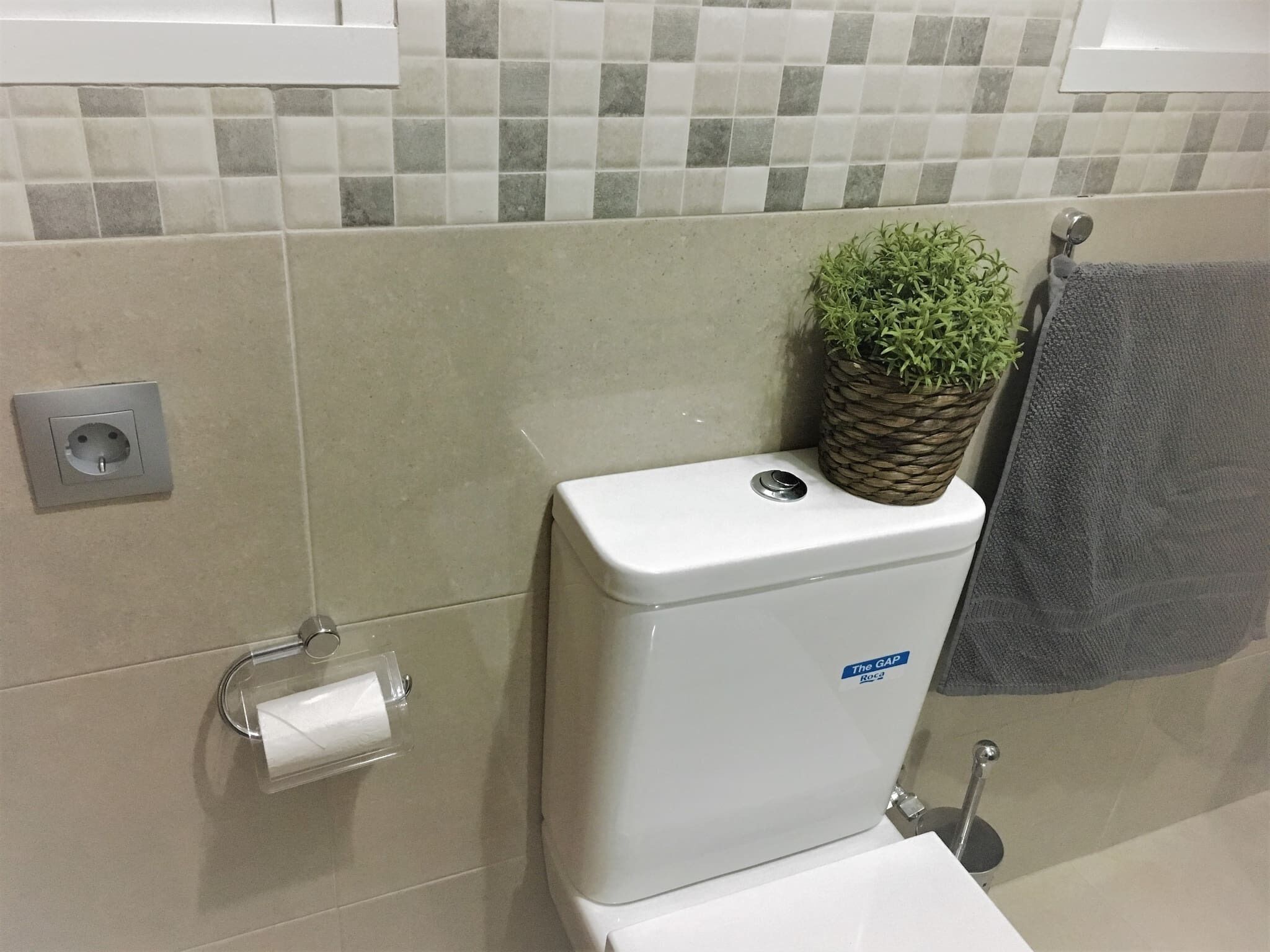 Een badkamer met toilet, een papieren handdoekhouder, een kleine potplant en een handdoekrek.