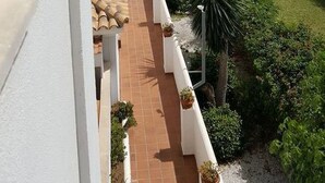 En balkon med udsigt over en anlagt have, palmer og havet.
