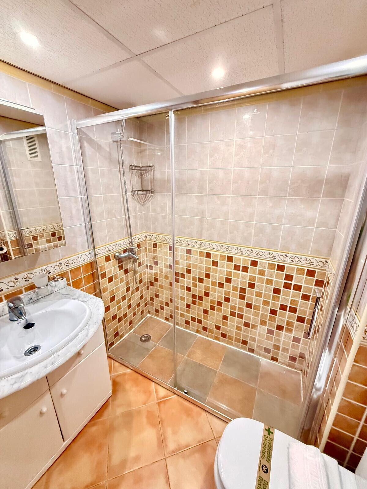 A bathroom with a glass-enclosed shower, a sink with a marble countertop, and a toilet.