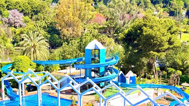 Una piscina con tobogán de agua, rodeada de follaje y una estructura con techo de paja.