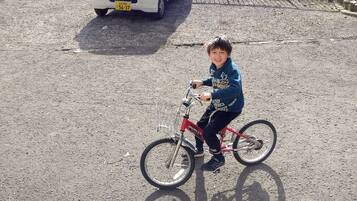 A child riding a bicycle on a gravel path with a white van parked in the background.