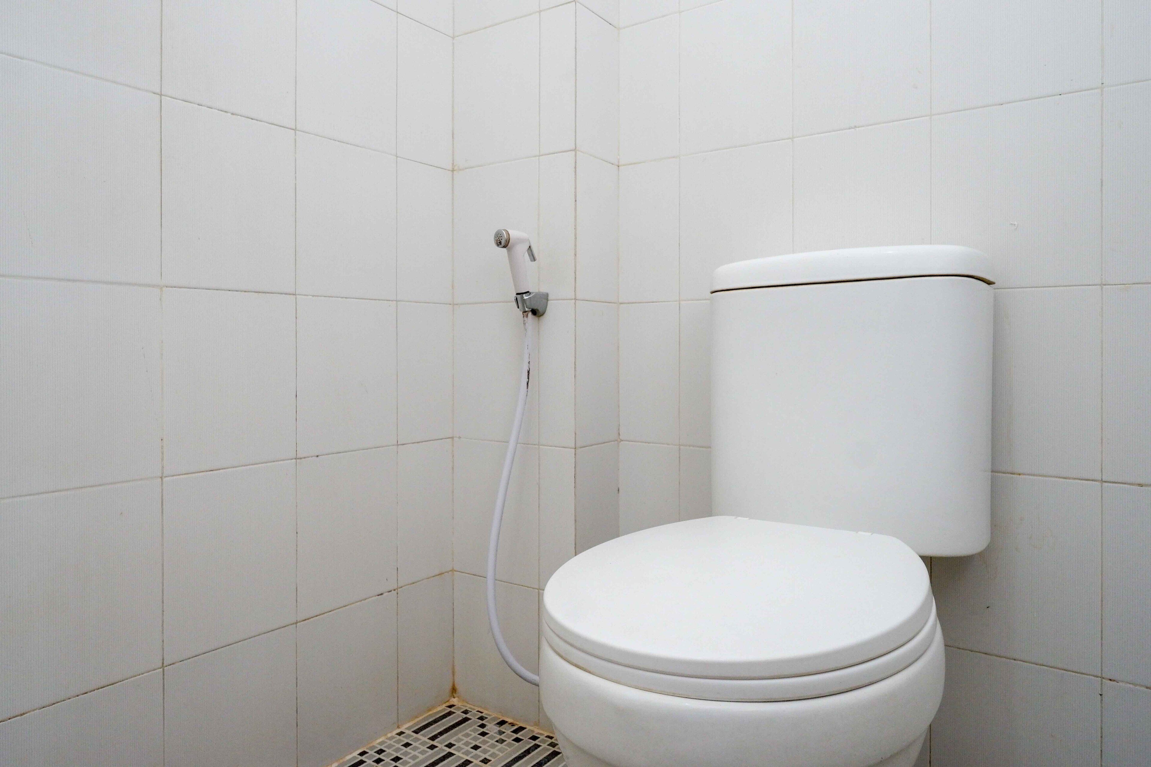 Une petite salle de bain blanche, avec des toilettes et une douche.