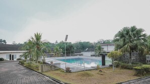 A swimming pool surrounded by palm trees and a paved walkway. - RedDoorz Premium @ Jalan Pal 10 Jambi (Jambi)
