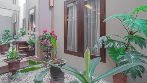 A well-maintained indoor garden with potted plants and a wooden bench.