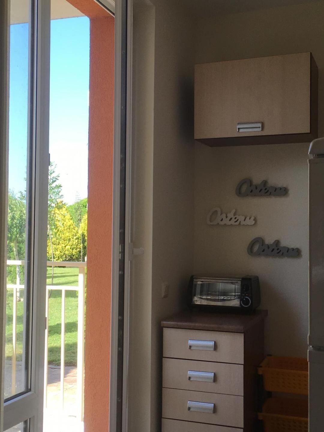 A kitchen with a toaster on the counter, a cabinet above, and a door leading outside.