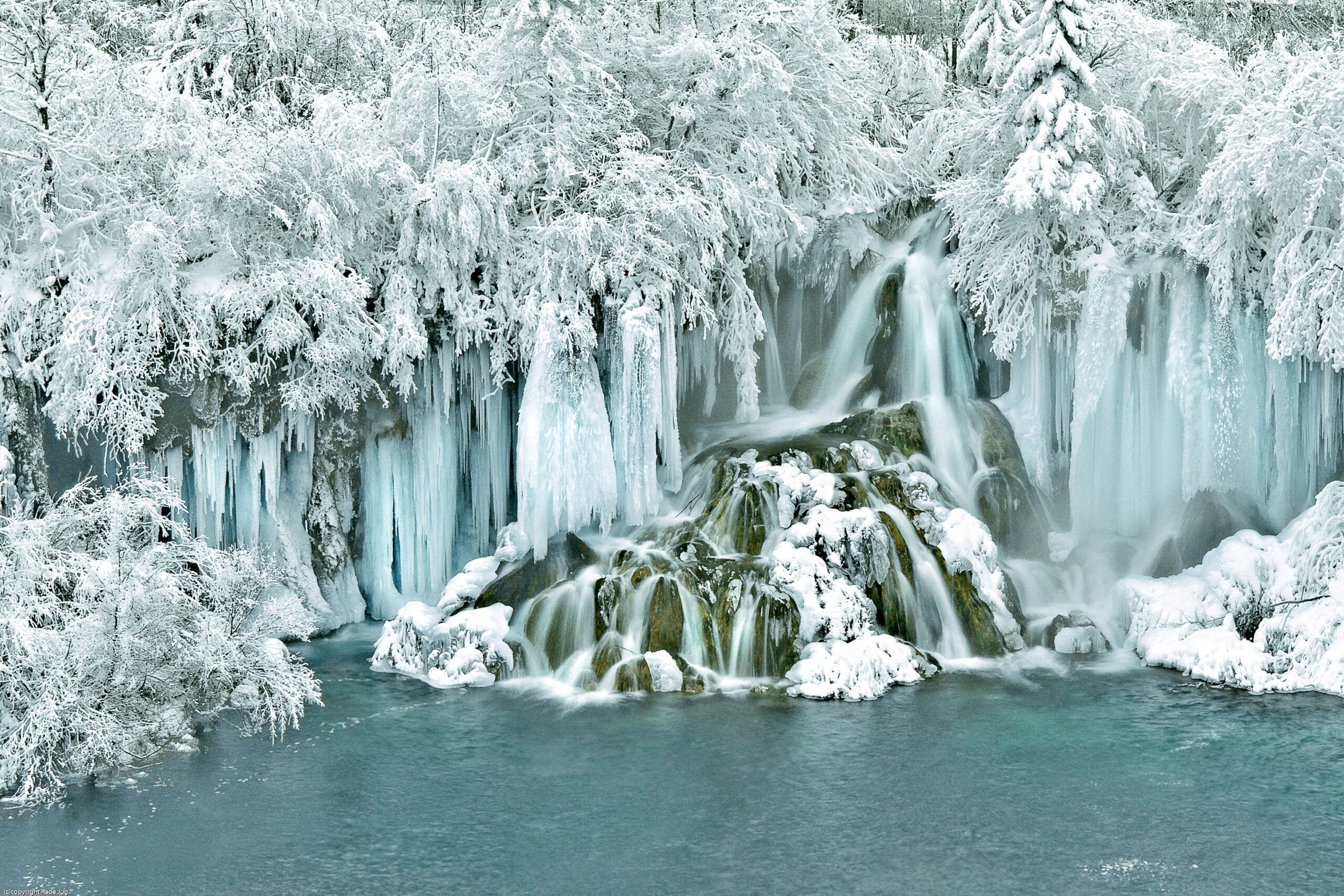 A waterfall surrounded by snow-covered trees.