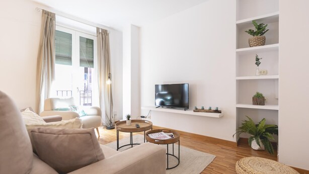 A modern living room with a sofa, two coffee tables, a TV, and a bookshelf with plants. - Bravissimo Sunset, comfort in the Old Town (Girona)