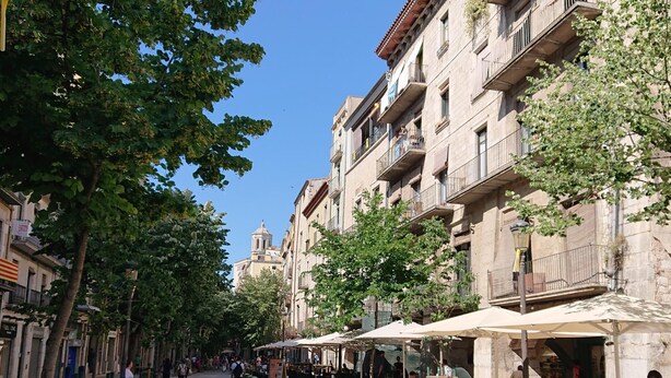 Eine Straße gesäumt von Straßencafés, Bäumen und historischen Gebäuden.