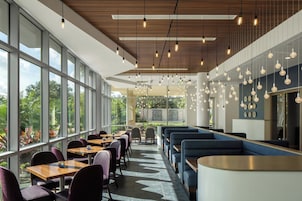 A modern restaurant with large windows, wooden ceiling, and hanging pendant lights.