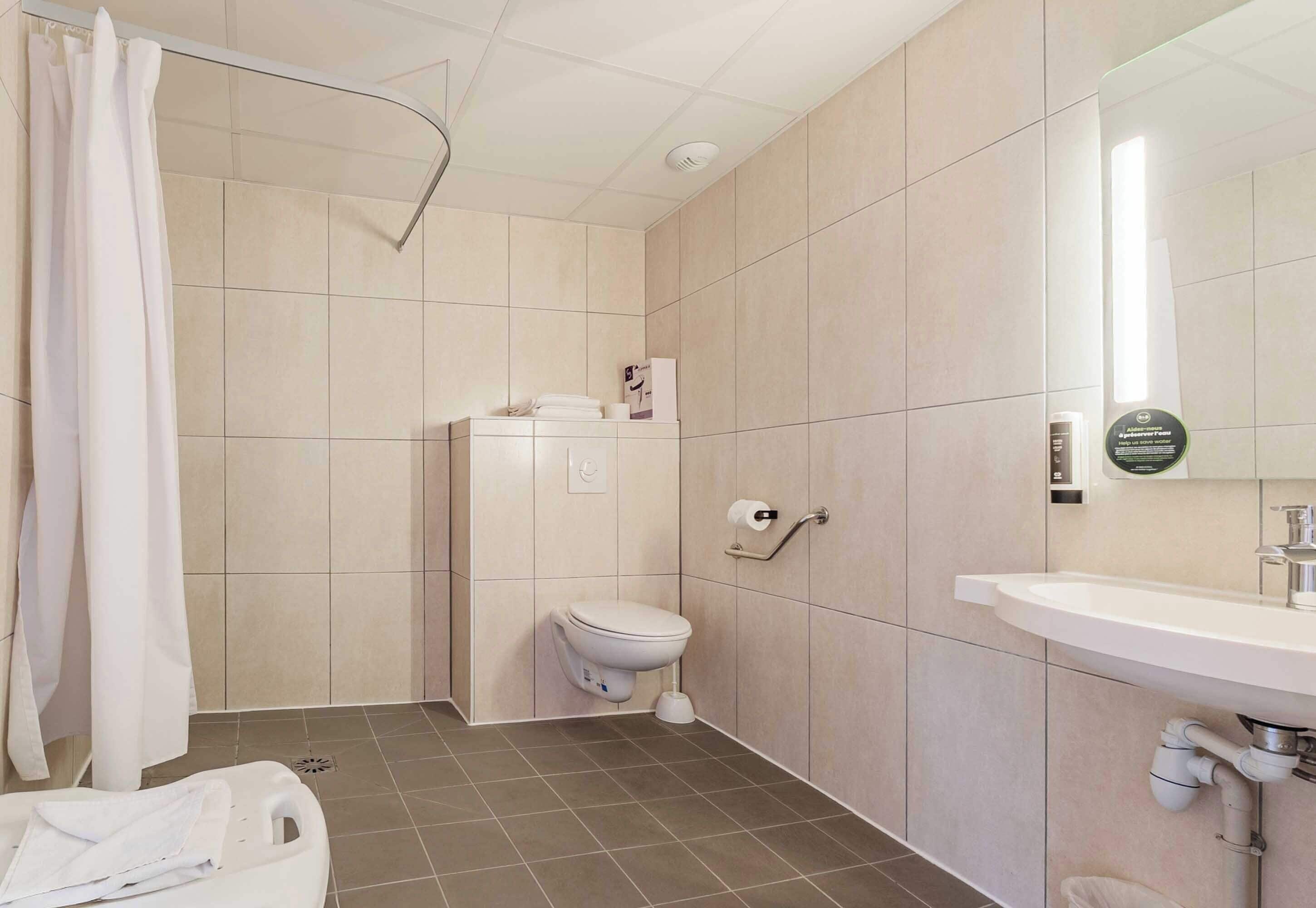 Habitación doble, accesible en silla de ruedas | Baño | Ducha, secador de pelo, toallas y jabón