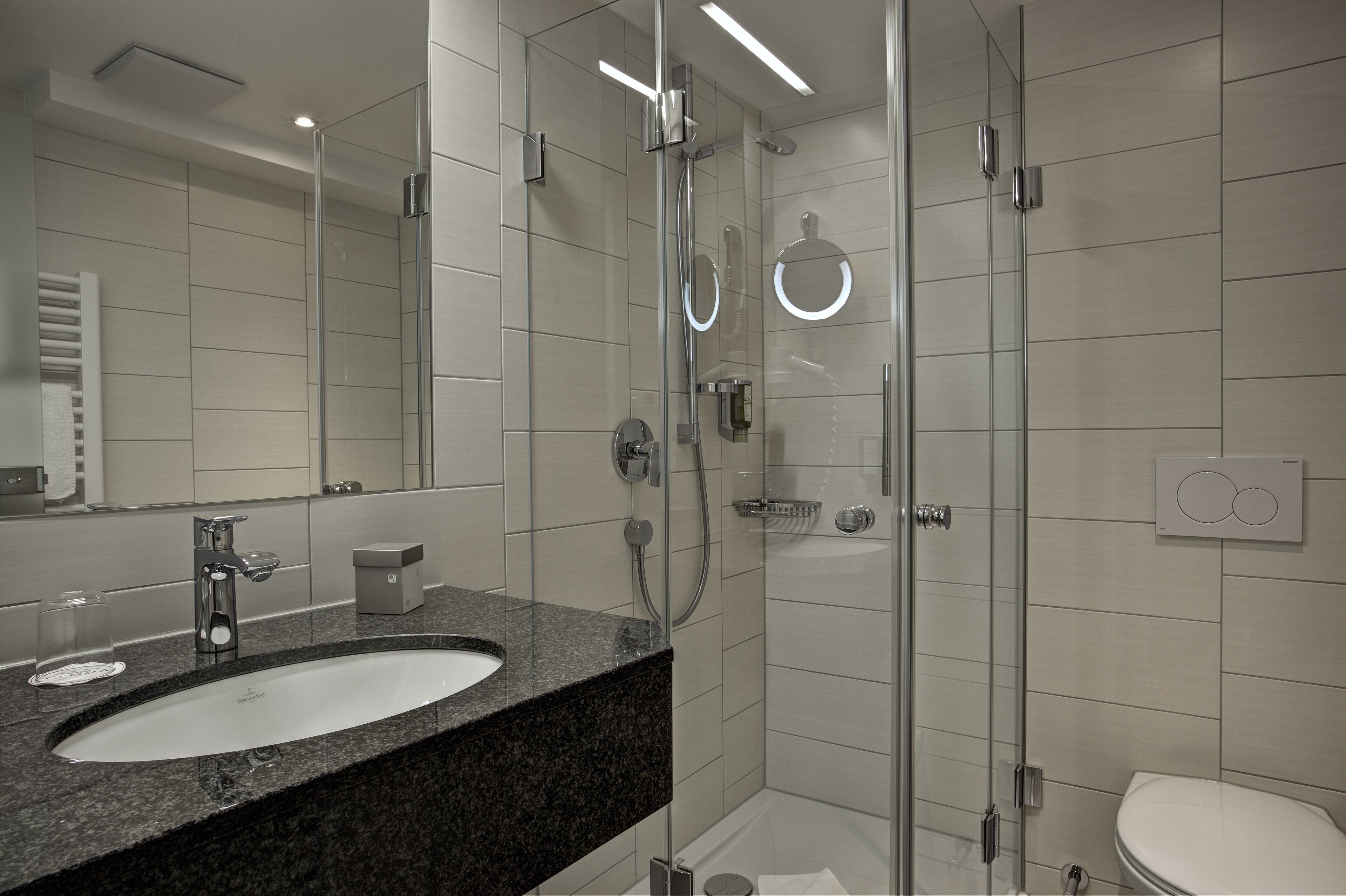 A modern bathroom with a granite sink, a glass shower enclosure, and a white toilet.
