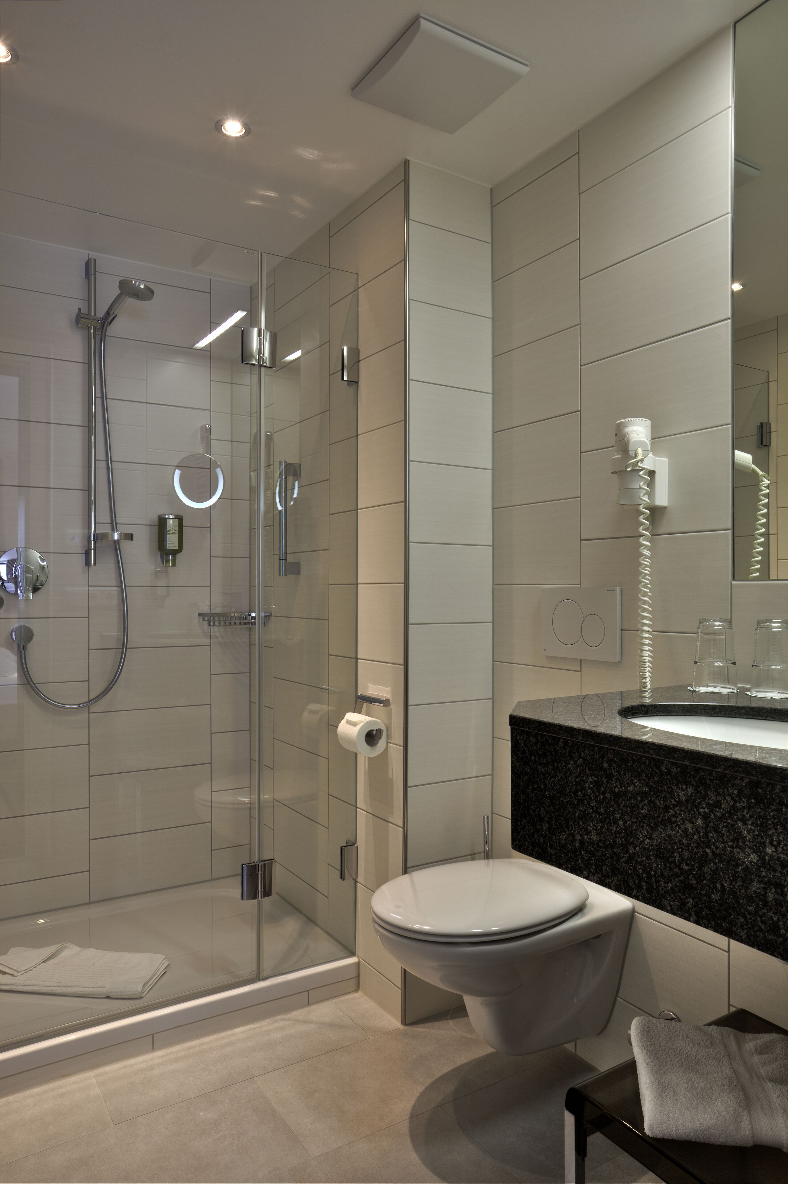 A modern bathroom with a glass-enclosed shower, a toilet, and a sink with a granite countertop.