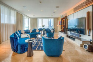 Luxury Penthouse, 4 Bedrooms, Non Smoking, Sea View | Living area | 55-inch Smart TV with cable channels, TV, streaming services - EDEN'S Homes & Villas - FIVE Residences (Dubai)