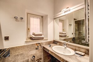 Shower, hair dryer, bidet, towels
