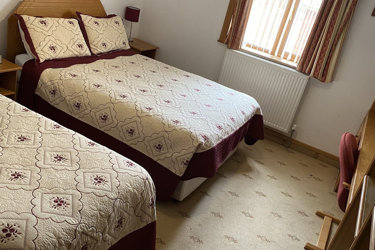 A bedroom with two beds, a window with curtains, a radiator, and a bedside table with a lamp.