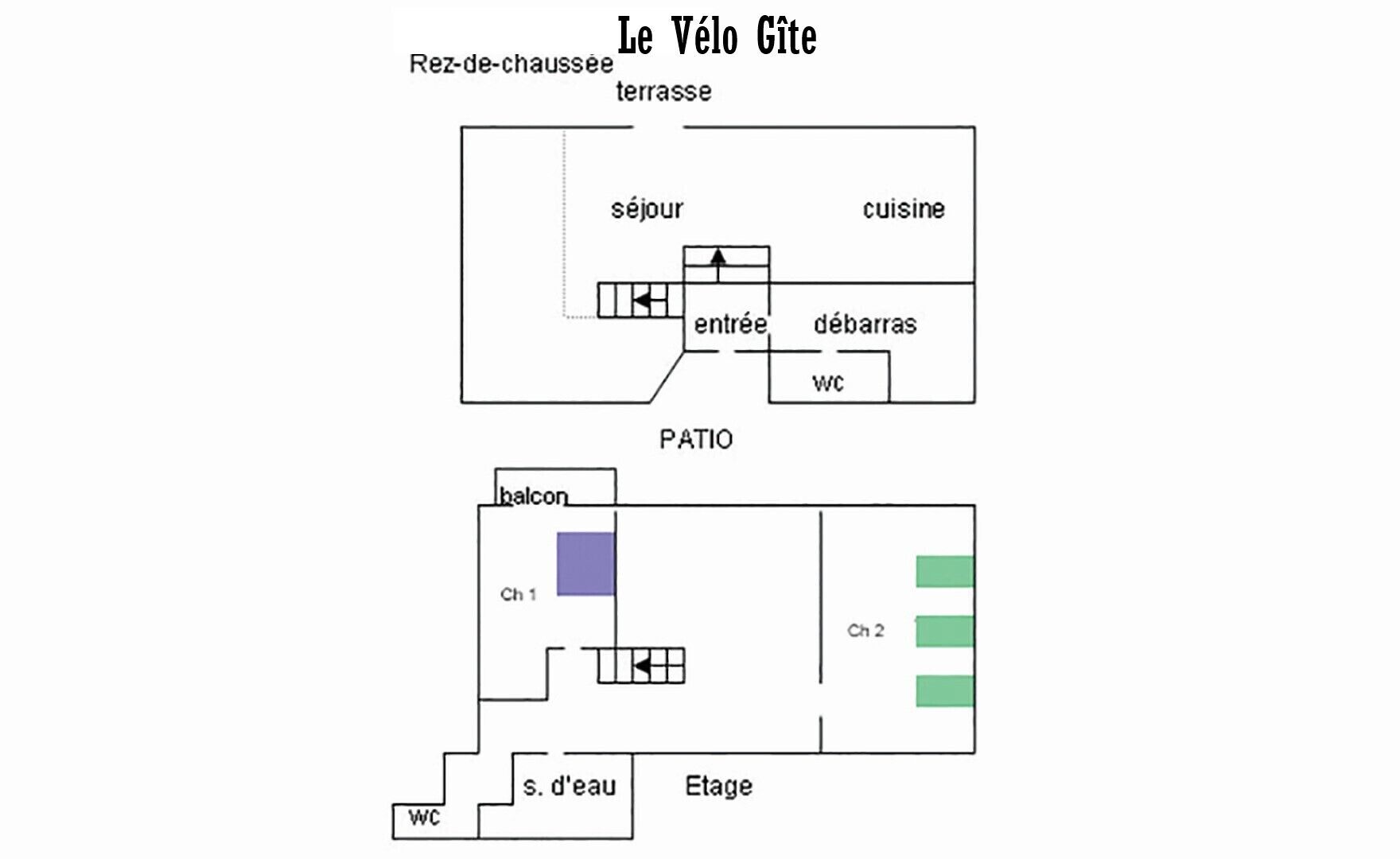 A hotel layout with a terrace, balcony, and stage area.