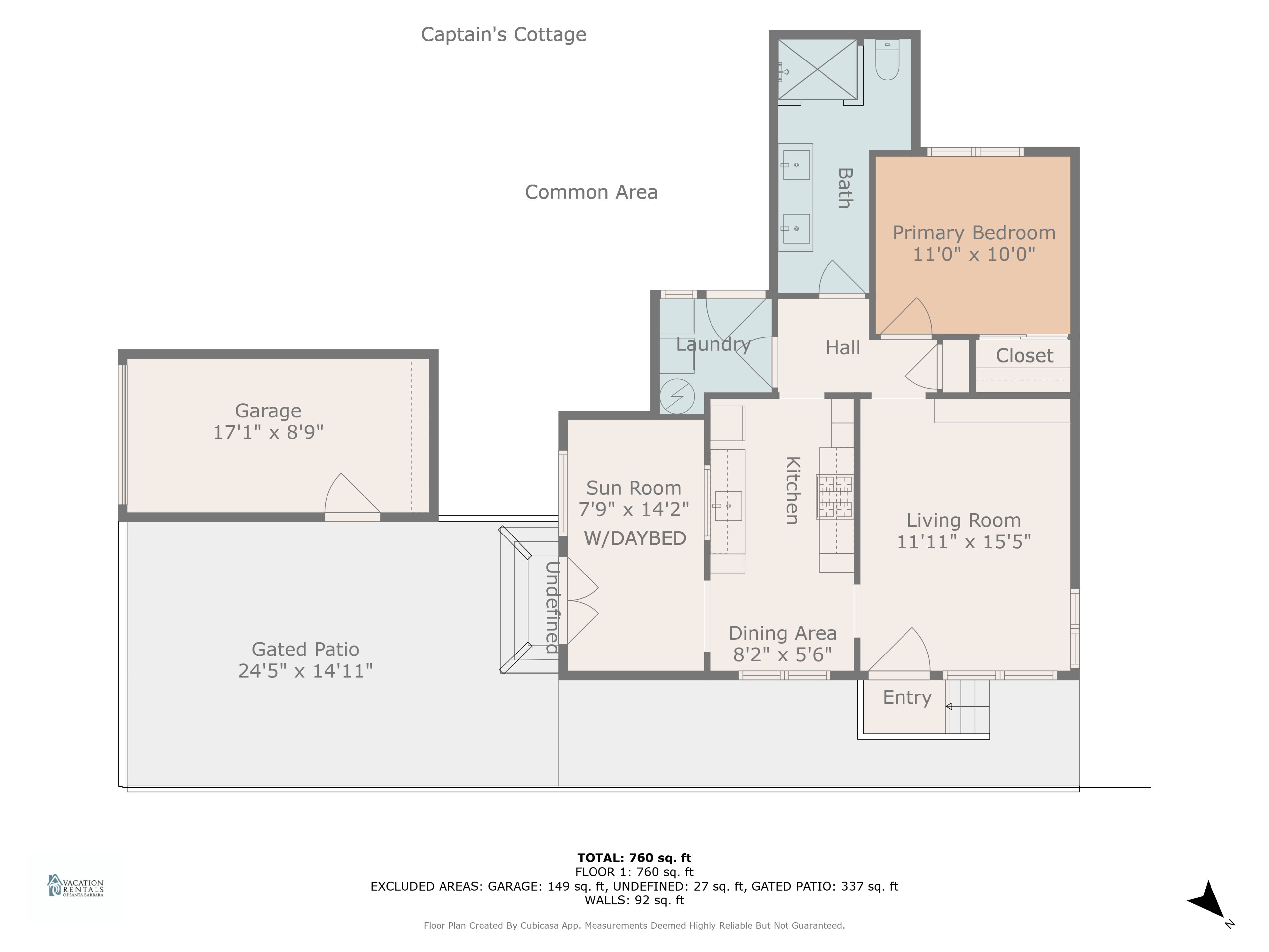 Grundriss des Captain's Cottage, einschließlich einer 5,23 m x 2,67 m großen Garage, einer 7,32 m x 4,57 m großen, umzäunten Terrasse, einem 3,35 m x 3,05 m großen Hauptschlafzimmer, einem 3,63 m x 4,69 m großen Wohnzimmer, einem 2,29 m x 4,27 m großen Wintergarten, einer 2,44 m x 1,68 m großen Essecke und einem 2,29 m x 4,27 m großen Hauswirtschaftsraum.