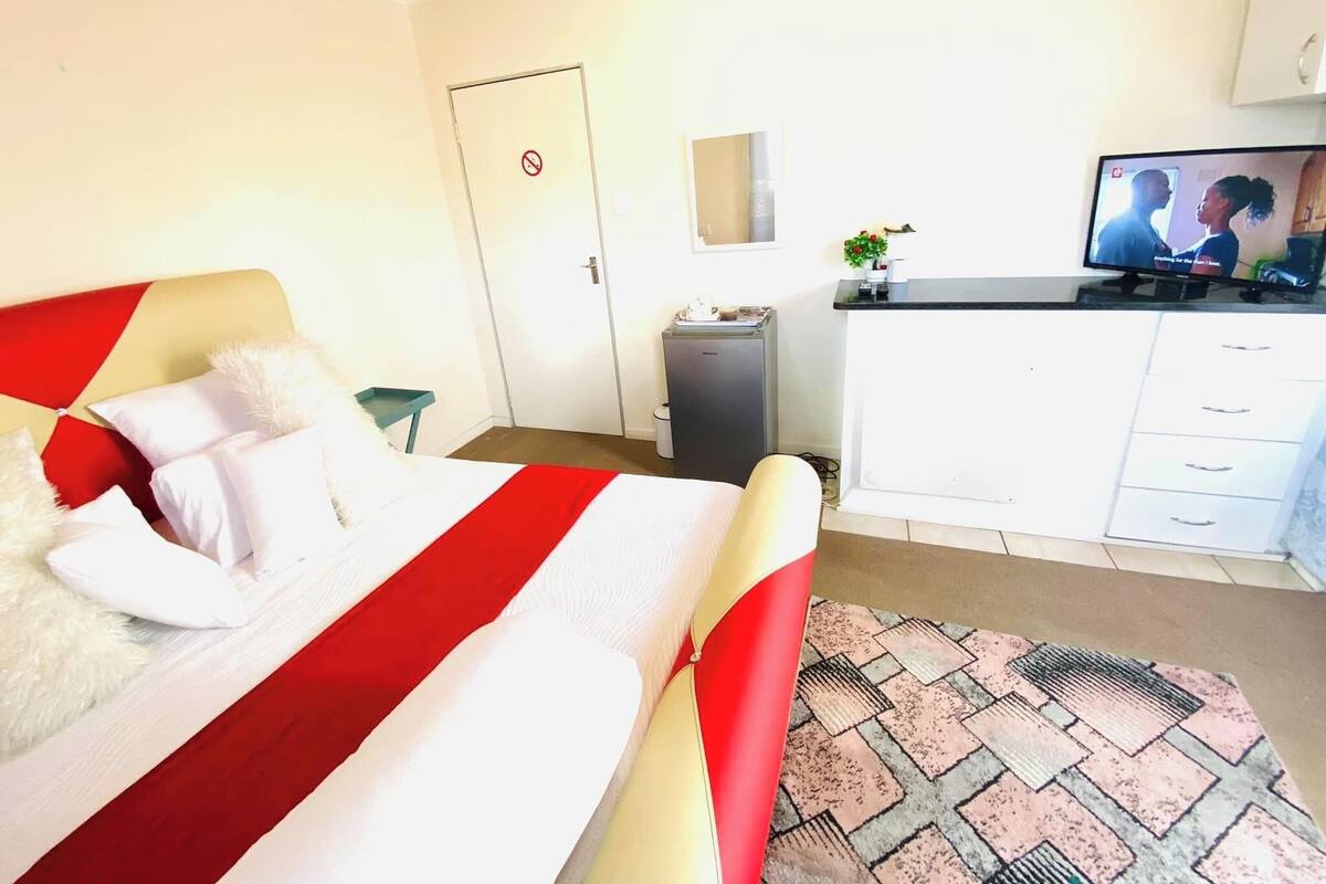 Un dormitorio con cama, escritorio, televisor y armario.
