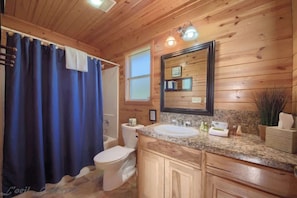 A wooden cabin bathroom with a shower curtain, toilet, sink, and mirror.