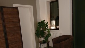 A room with a wooden floor, a brown armchair, a potted plant, a white radiator, and a mirror on the wall. - Memories (Ghent)