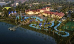 A resort with multiple swimming pools, a dock, and a large building with a red roof. - Pool Oasis! 5BR Townhome w/ Patio near WDW (Kissimmee)