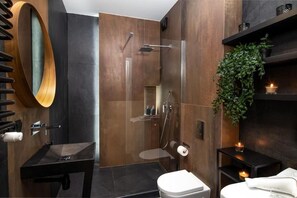 Studio | Bathroom | Shower, hair dryer, towels, toilet paper