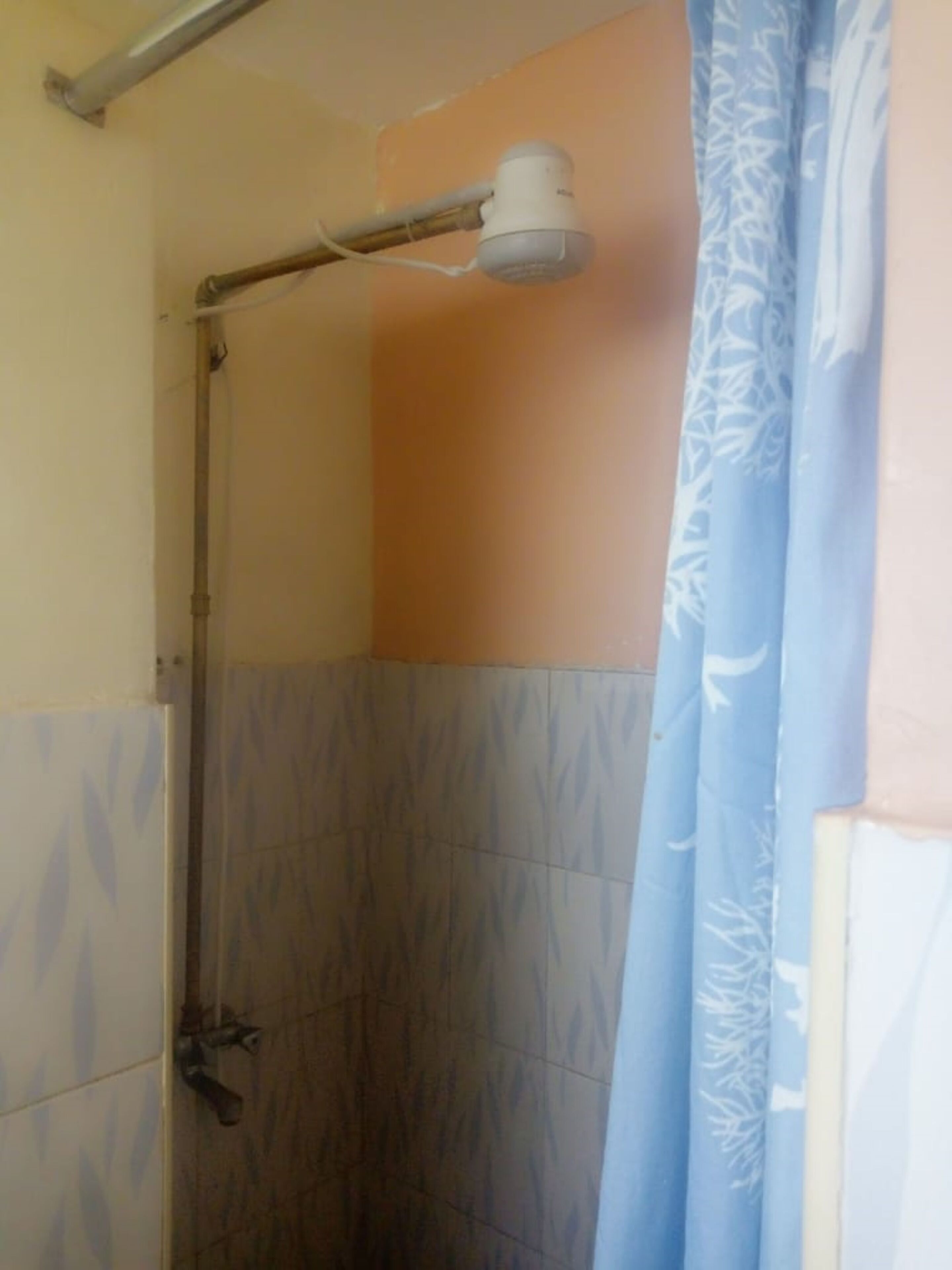 A shower with a handheld showerhead, a towel rack, and a curtain.