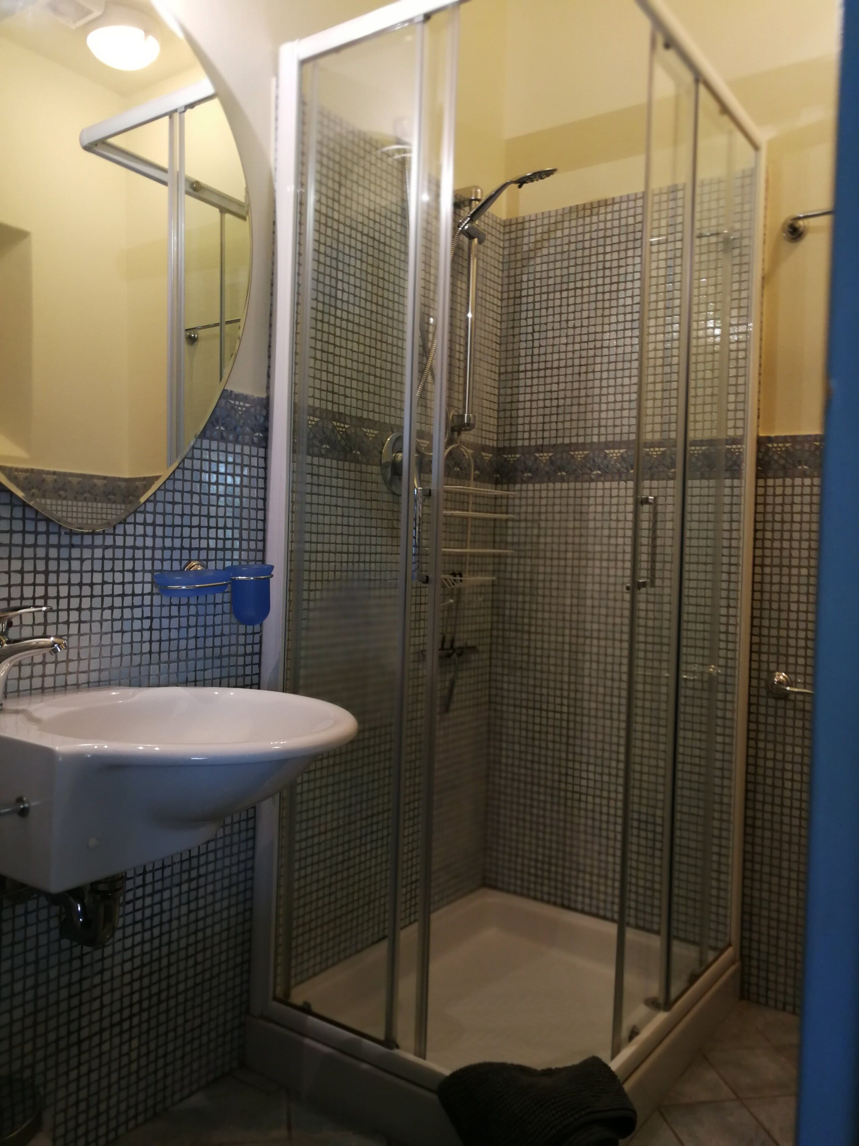 A bathroom with a glass-enclosed shower, a sink, and a mirror.