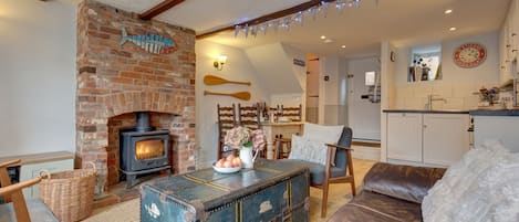 TV, fireplace, books