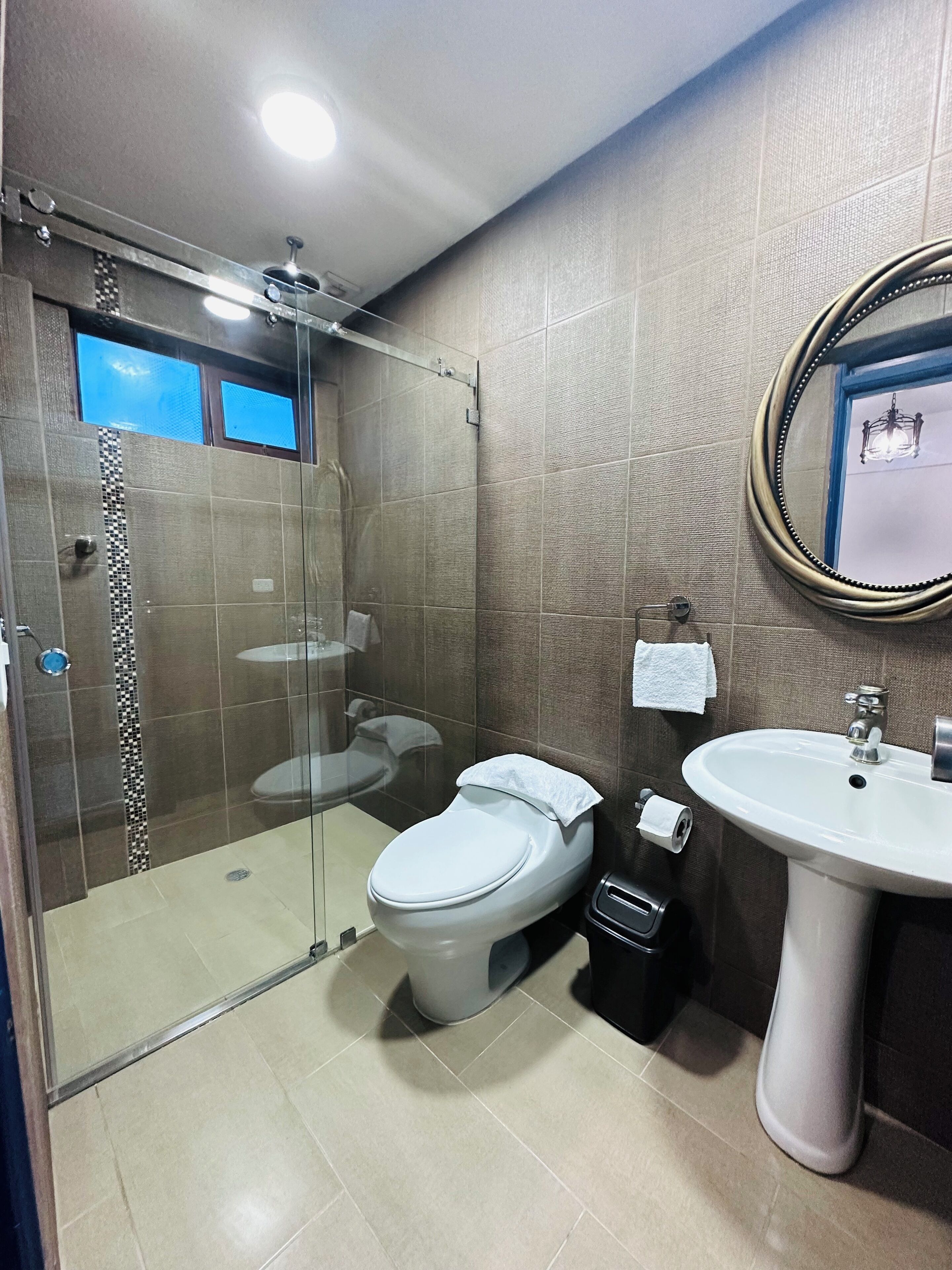 A modern bathroom with a glass-enclosed shower, a toilet, a sink, and a mirror.