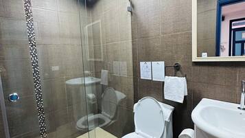 Une salle de bain moderne avec une douche à parois de verre, des toilettes et un lavabo.