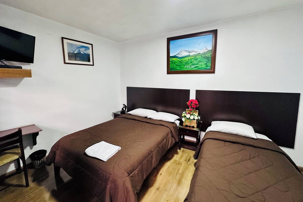 A hotel room with two beds, a TV, a desk, and a picture of a mountain landscape.
