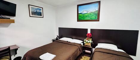 Habitación de hotel con dos camas, televisión, escritorio y un cuadro de un paisaje montañoso.
