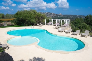 Outdoor pool, open 8:00 AM to 8:00 PM, sun loungers