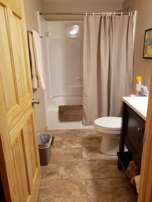 Combined shower/tub, hair dryer, towels, soap