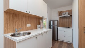 A compact kitchen with a stainless steel sink, wooden cabinetry, and a built-in refrigerator.