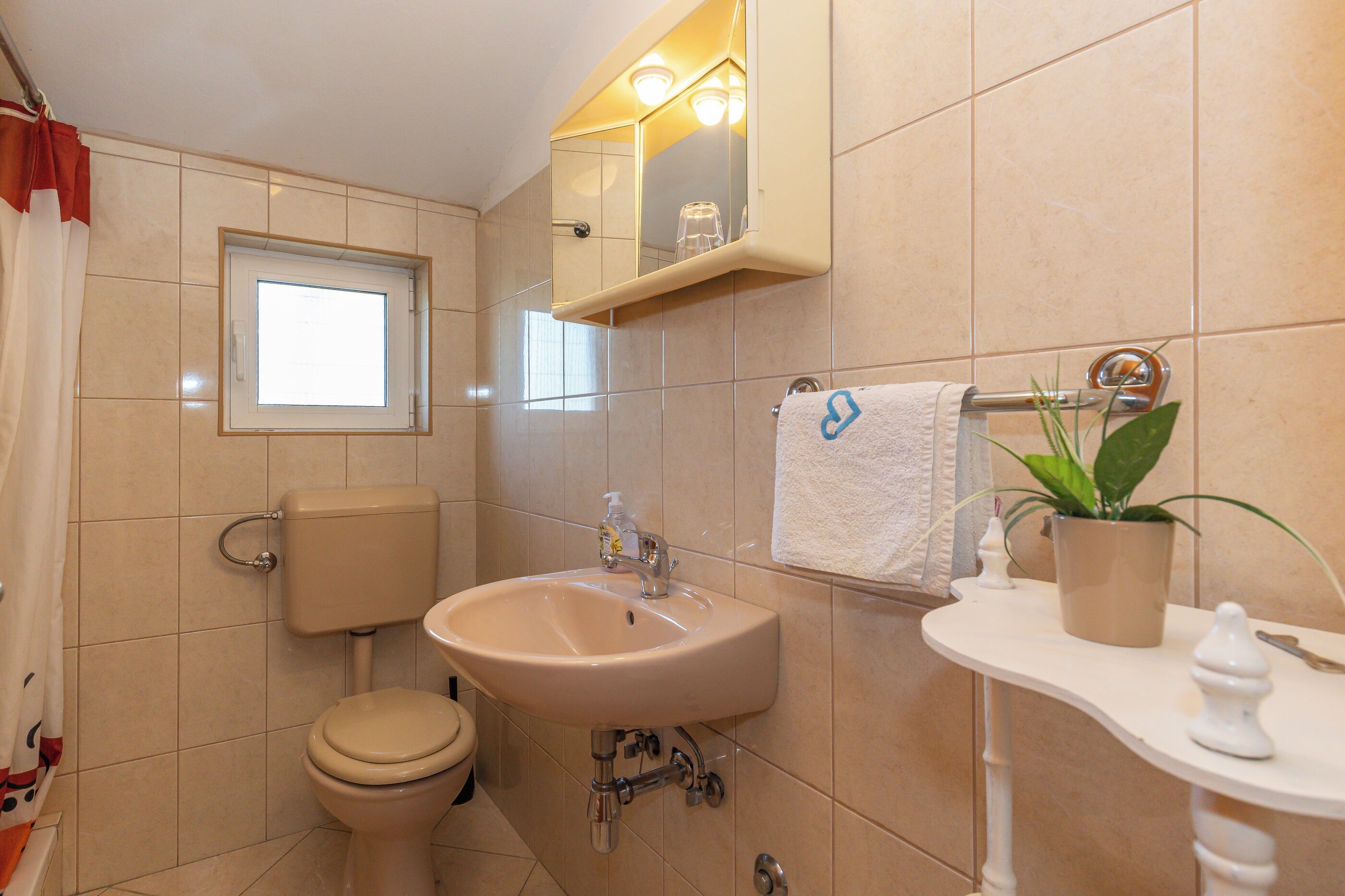 A bathroom with a toilet, sink, and mirror.