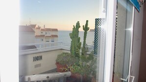 Un balcón con macetas, vista al mar y edificios al fondo.