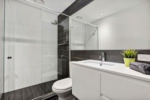 Shower, hair dryer, shampoo